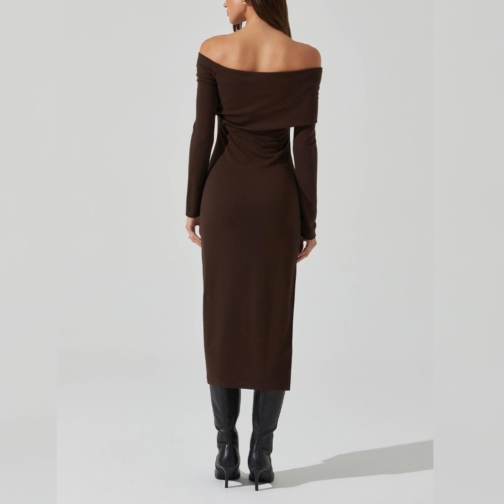 ASTR The Label Chocolate Brown Jada Off Shoulder Midi Dress Small NWT - Picture 7 of 10